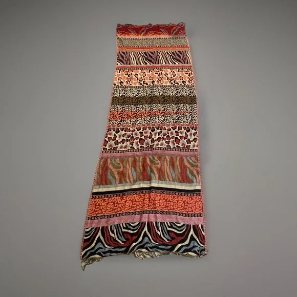 Vintage 1990s Animal Print Patchwork Shawl Scarf Wrap Fringe Lightweight women - Picture 2 of 4